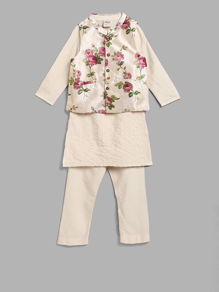 Utsa Kids Cream Kurta with Floral Jacket & Pants Set (2 - 8yrs)