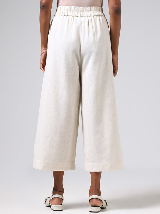 Utsa Solid Off White Cotton Blend Wide-Leg Pants