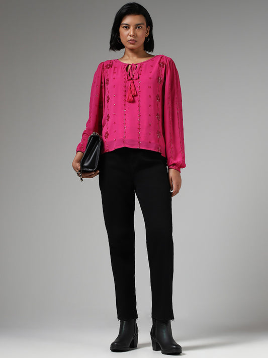 LOV Sequence Embroidered Dark Pink Top