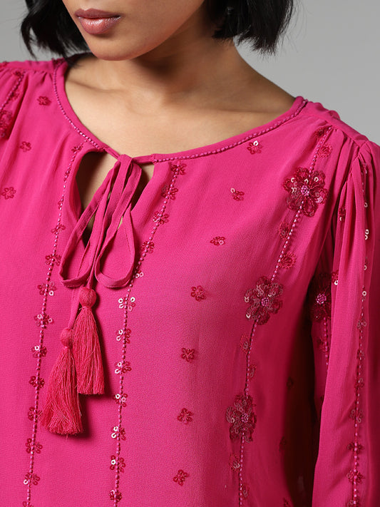 LOV Sequence Embroidered Dark Pink Top