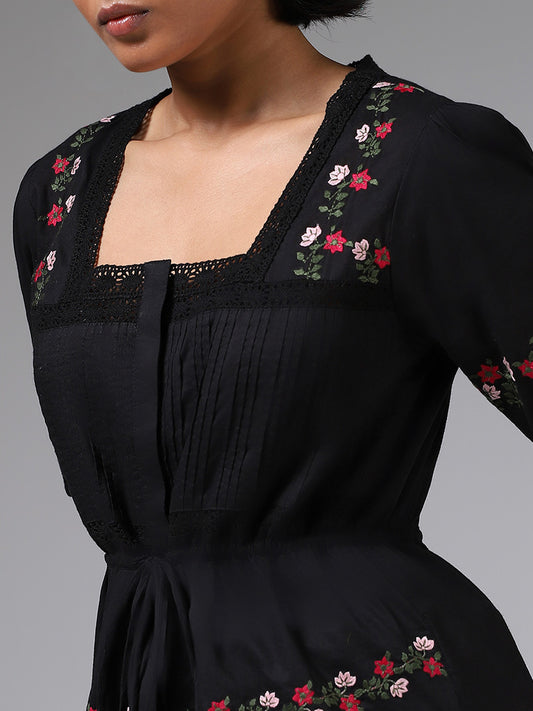 LOV Floral Embroidered Black Top