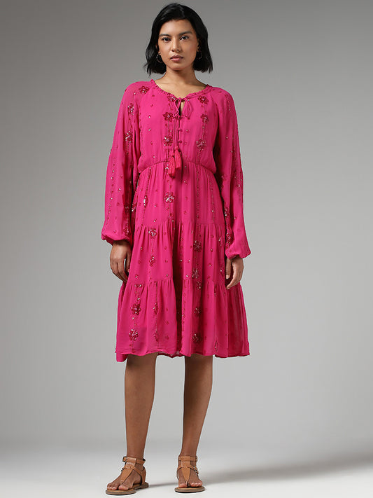 LOV Sequence Embroidered Dark Pink Dress