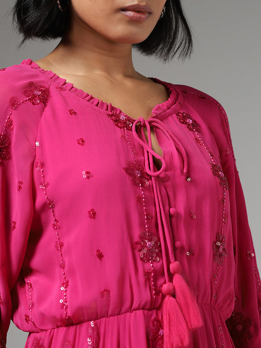 LOV Sequence Embroidered Dark Pink Dress