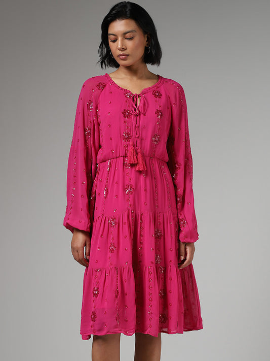 LOV Sequence Embroidered Dark Pink Dress