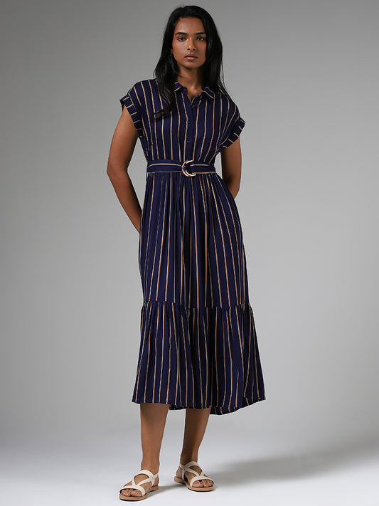 LOV Indigo Blue Striped Tiered Dress with Belt
