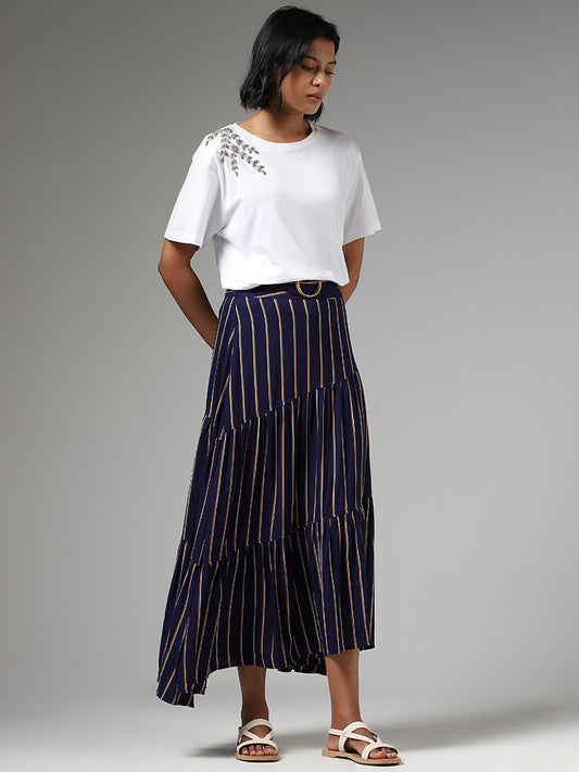 LOV Striped Asymmetric Blue Skirt