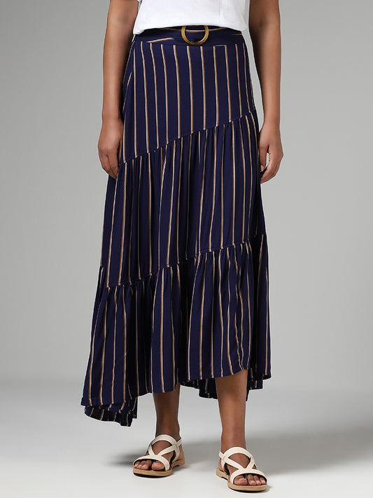 LOV Striped Asymmetric Blue Skirt