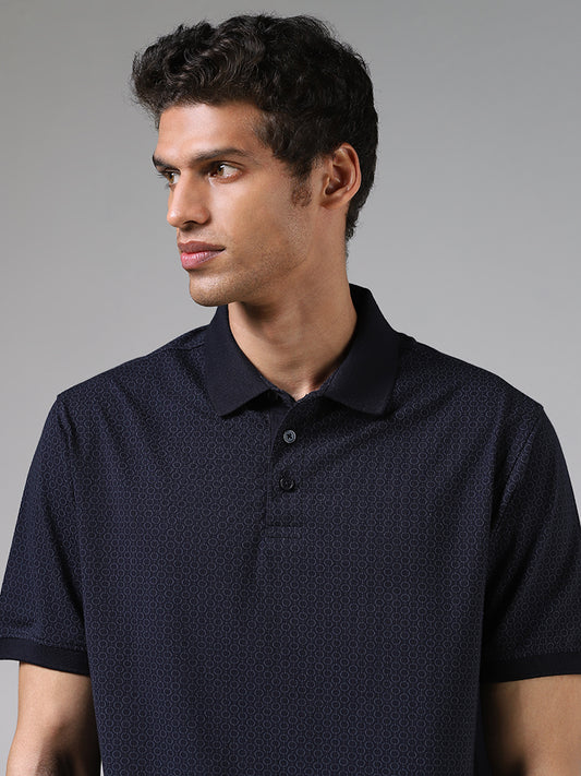 Ascot Navy Blue Printed Cotton Blend Relaxed Fit Polo T-Shirt
