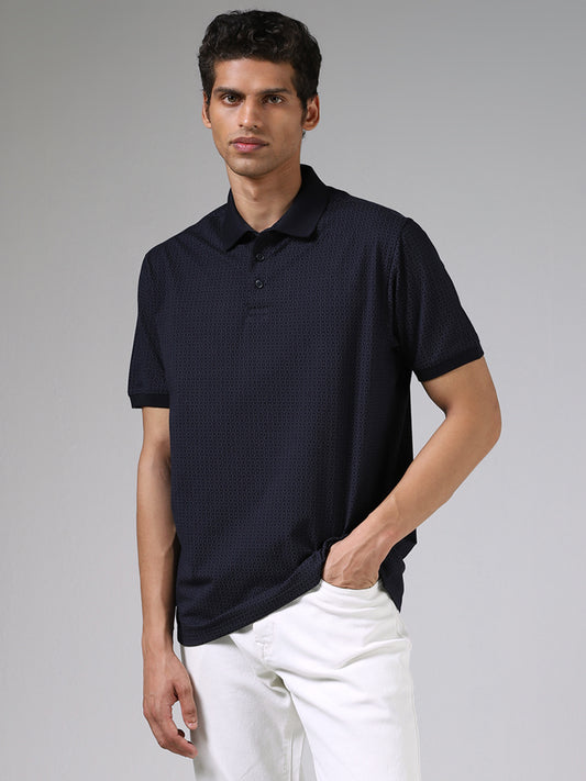 Ascot Navy Blue Printed Relaxed Fit Polo T-Shirt