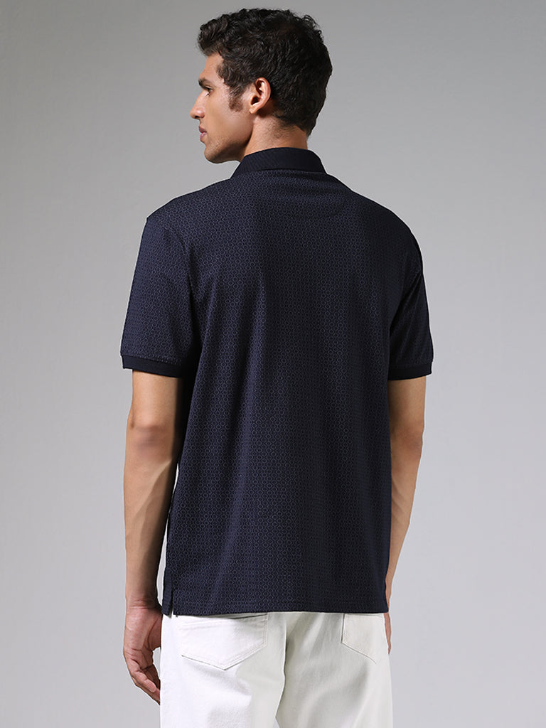 Ascot Navy Blue Printed Relaxed Fit Polo T-Shirt