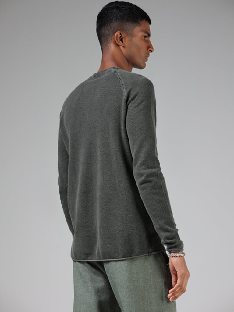ETA Olive Green Self-Textured Slim Fit T-Shirt