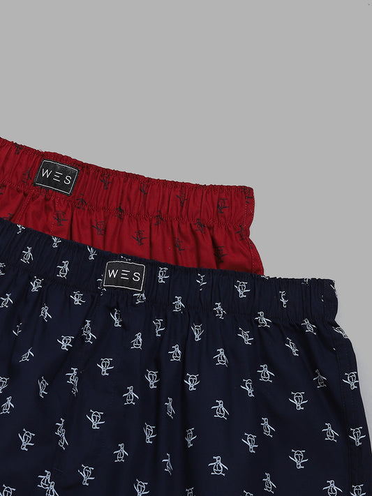 WES Lounge Printed Navy Blue & Red Cotton Boxers - Pack of 2