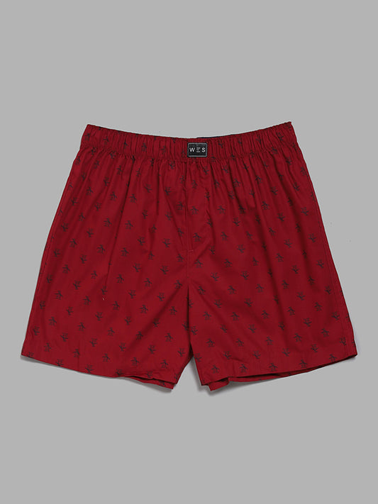 WES Lounge Printed Navy Blue & Red Cotton Boxers - Pack of 2