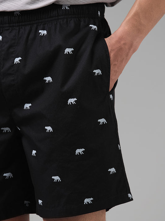 WES Lounge Black Animal Printed Cotton Short Boxers