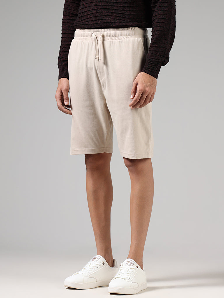 WES Lounge Solid Beige Relaxed Fit Shorts