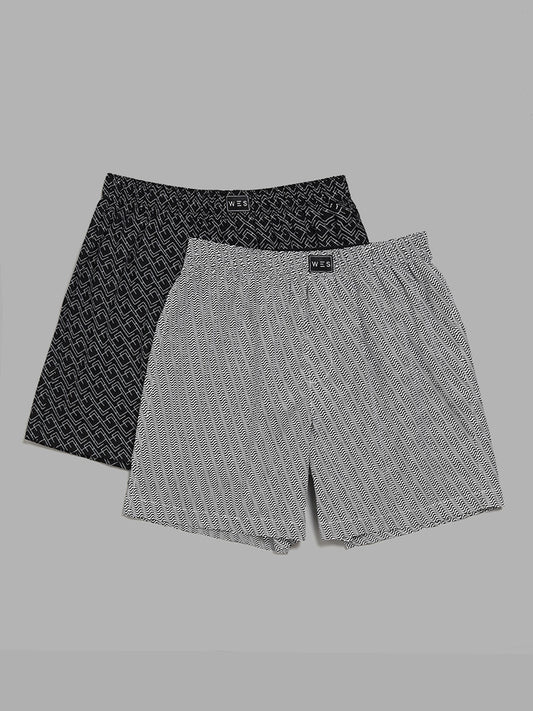 WES Lounge Black & White Relaxed-Fit Boxers - Pack of 2