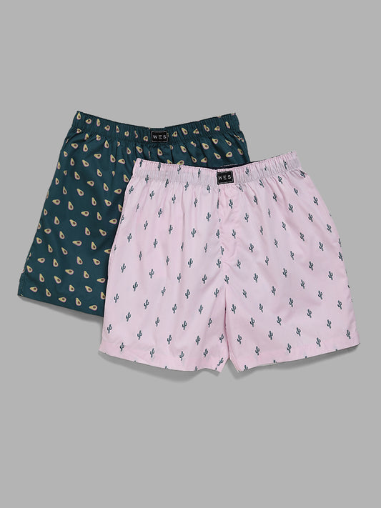 WES Lounge Pink & Green Cactus Printed Cotton Boxers - Pack of 2