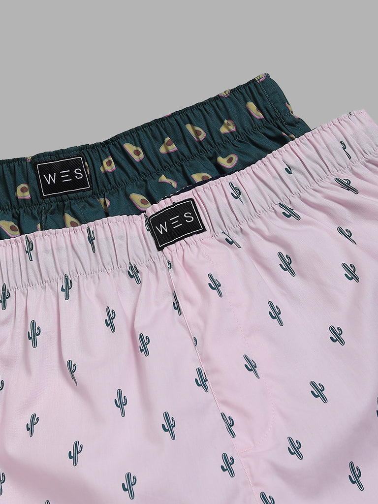 WES Lounge Pink Cactus Printed Cotton Boxers - Pack of 2