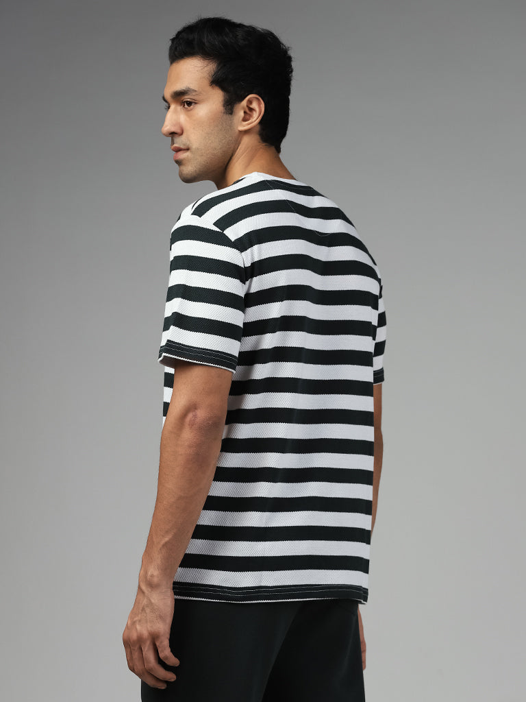WES Lounge Dark Olive & White Striped Cotton Blend Relaxed Fit T-Shirt
