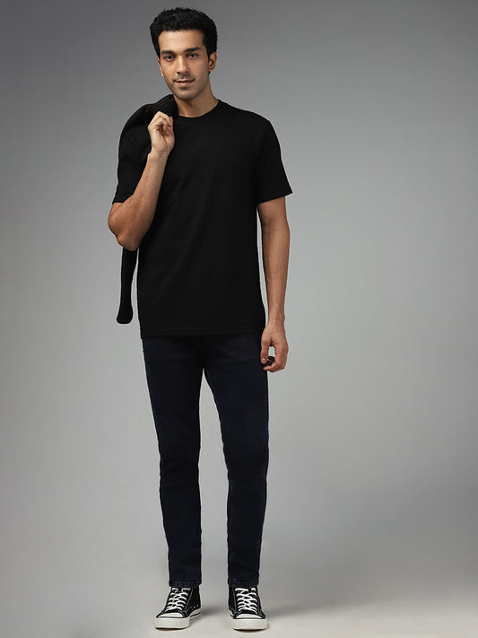 WES Lounge Black Self-Striped Relaxed Fit T-Shirt