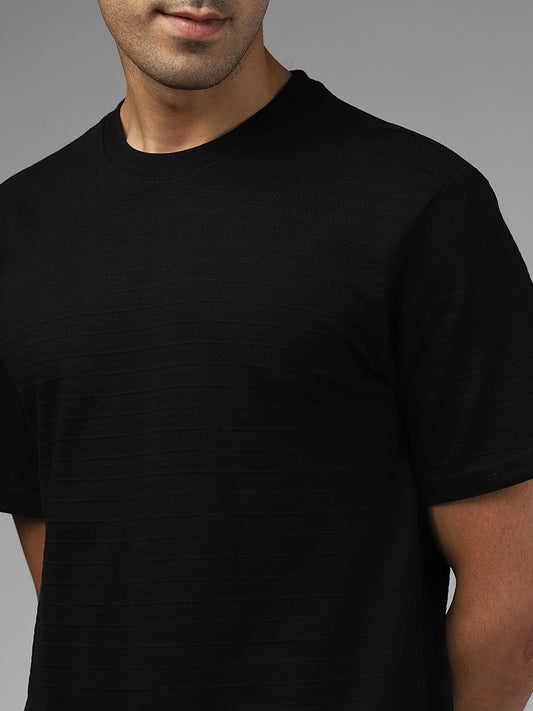 WES Lounge Black Self-Striped Relaxed Fit T-Shirt