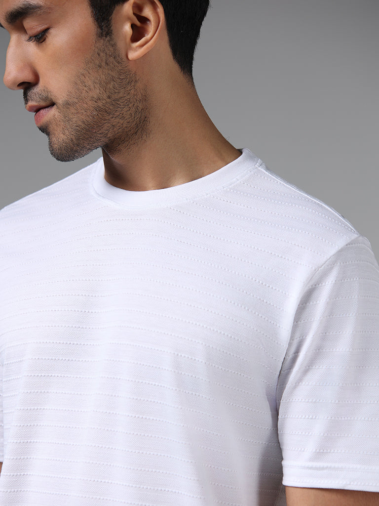 WES Lounge White Self-Textured Relaxed Fit T-Shirt