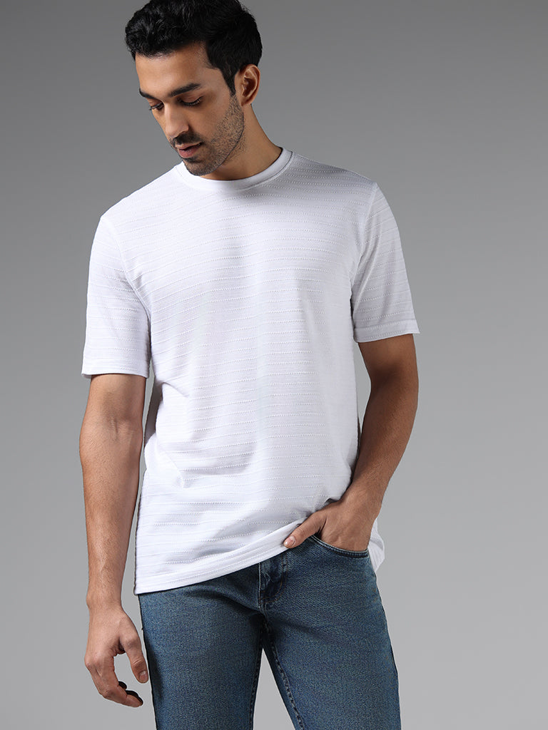WES Lounge White Self-Textured Relaxed Fit T-Shirt