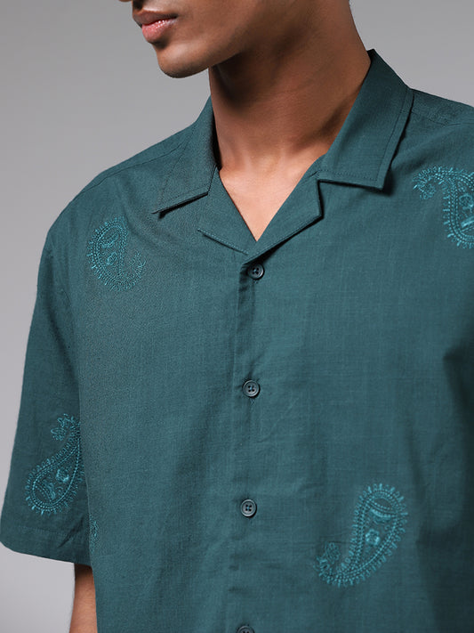 ETA Emerald Green Paisley Embroidered Relaxed Fit Shirt