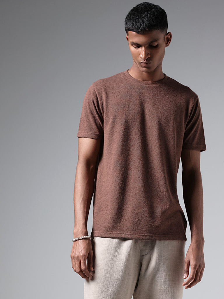 ETA Coffee Brown Self-Textured Slim Fit T-Shirt