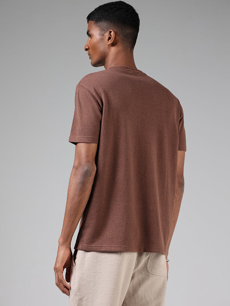 ETA Coffee Brown Self-Textured Slim Fit T-Shirt