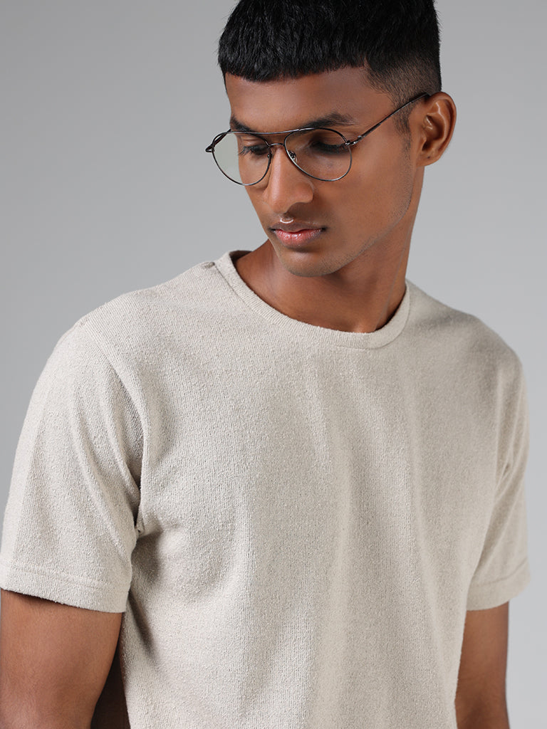 ETA Cream Self-Textured Slim Fit T-Shirt
