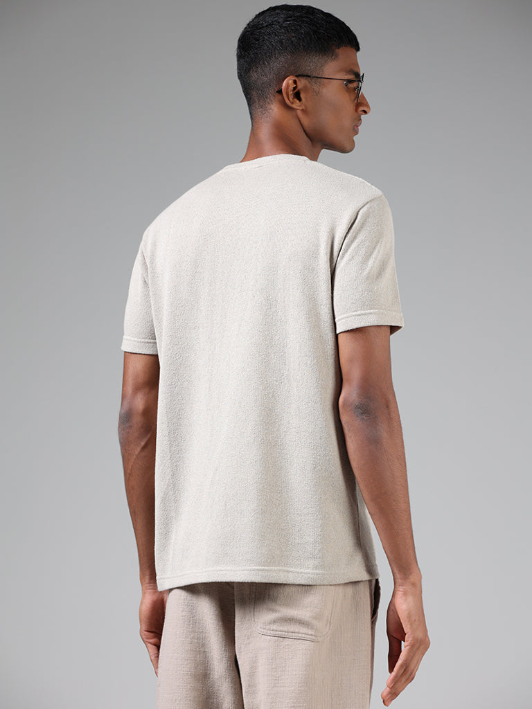 ETA Cream Self-Textured Slim Fit T-Shirt