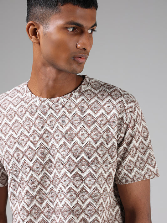 ETA Brown Geometric Printed Slim Fit T-Shirt
