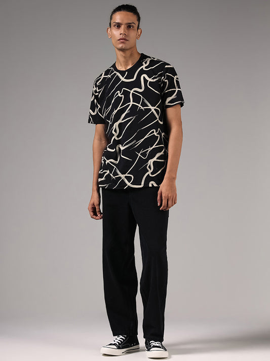 Nuon Black Abstract Printed Slim Fit T-Shirt
