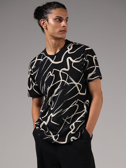 Nuon Black Abstract Printed Cotton Slim Fit T-Shirt