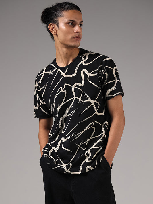 Nuon Black Abstract Printed Slim Fit T-Shirt