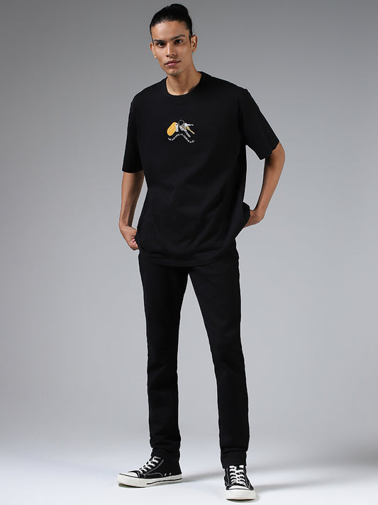 Nuon Black Embroidered Cotton Relaxed Fit T-Shirt