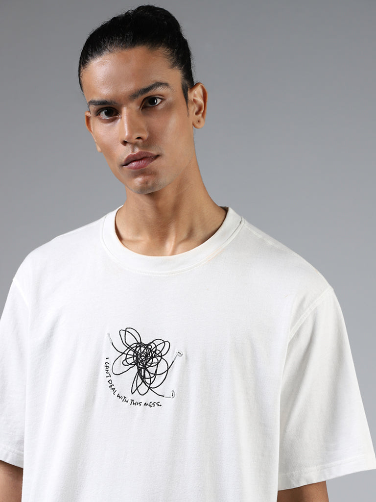Nuon White Embroidered Relaxed Fit T-Shirt