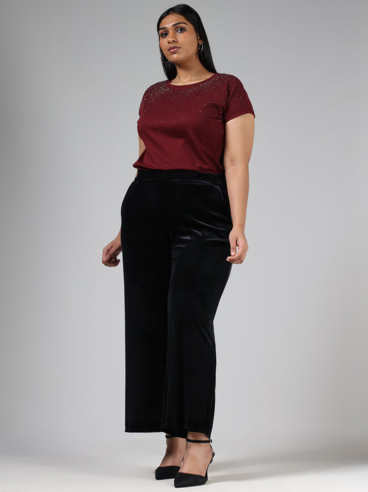 Gia Solid Black Velvet Wide-Leg Trousers