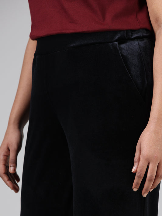 Gia Solid Black Velvet Wide-Leg Trousers