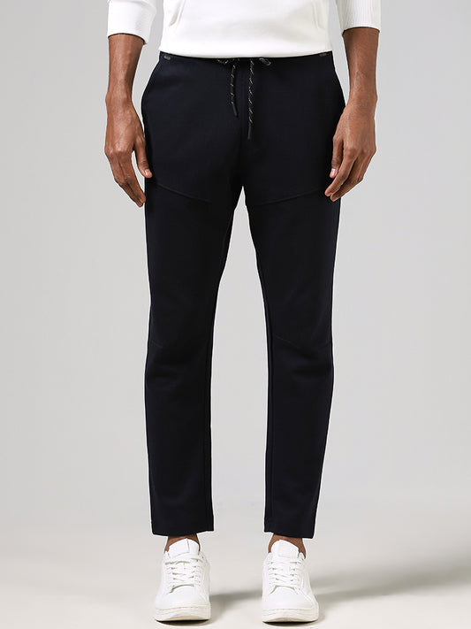 Studiofit Solid Navy Slim-Fit Mid-Rise Track Pants