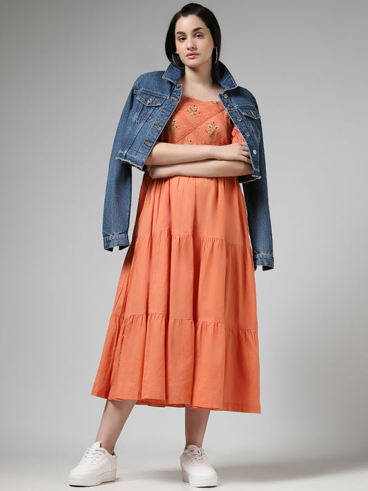 Bombay Paisley Coral Floral Embroidered Tiered Dress