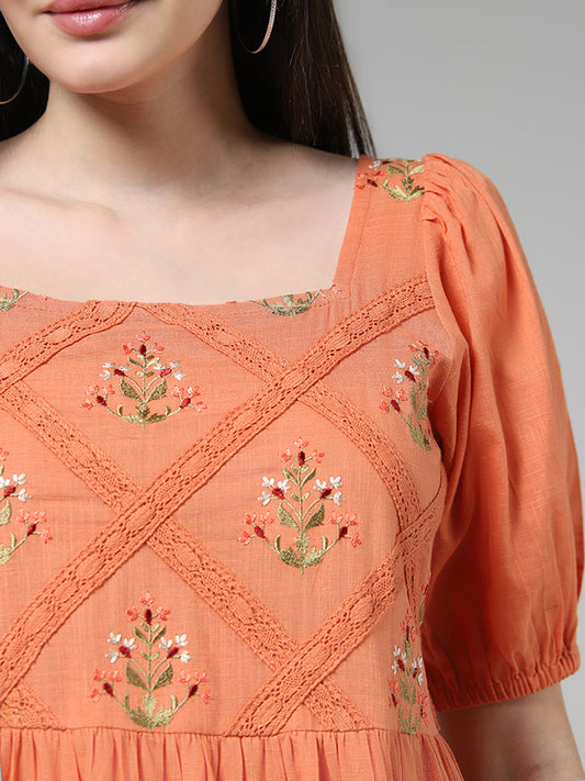 Bombay Paisley Coral Floral Embroidered Tiered Dress
