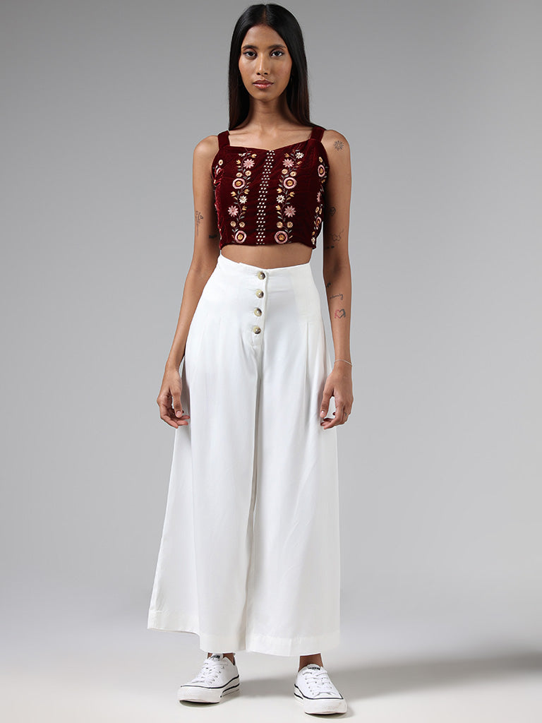 Bombay Paisley Maroon Floral Embroidered Velvet Crop Top