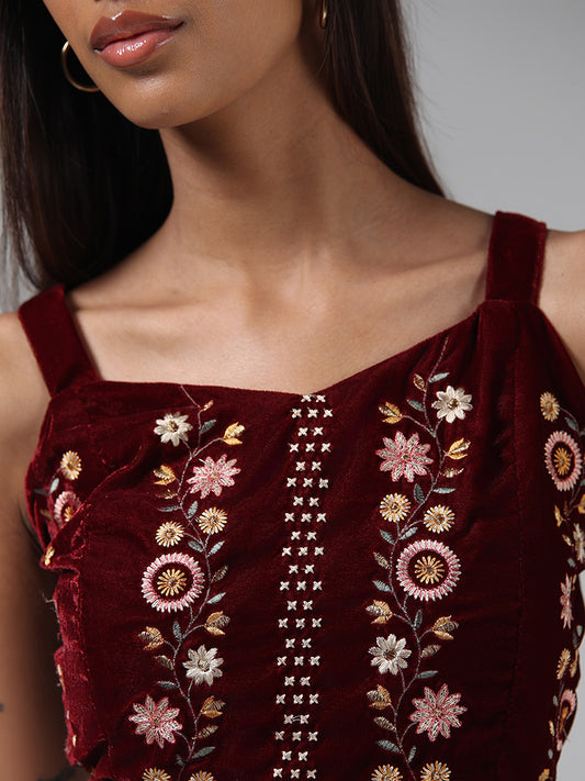 Bombay Paisley Maroon Floral Embroidered Velvet Crop Top