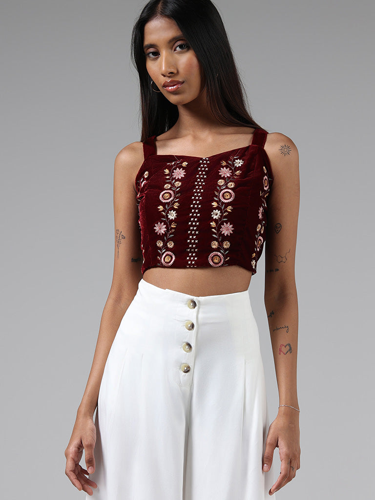 Bombay Paisley Maroon Floral Embroidered Velvet Crop Top