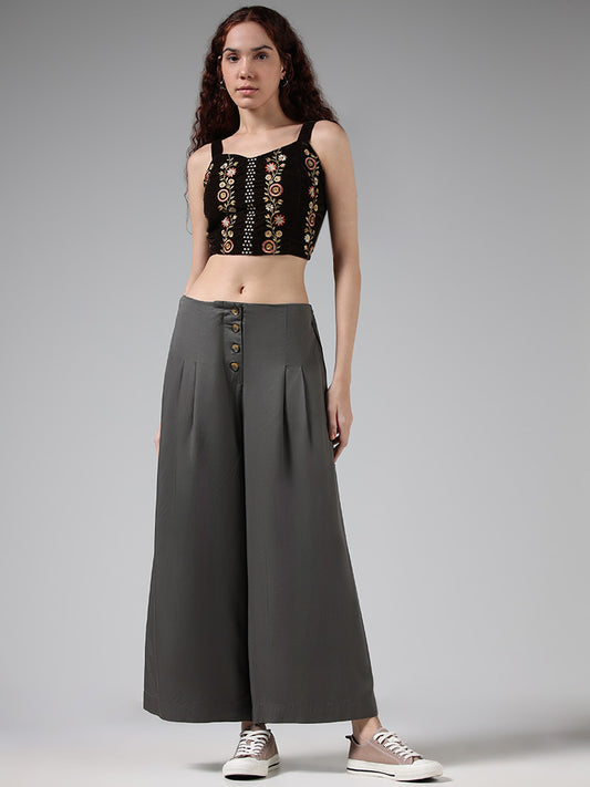 Bombay Paisley Brown Floral Embroidered Crop Top
