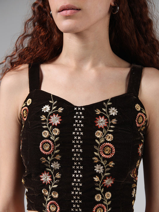 Bombay Paisley Brown Floral Embroidered Crop Top