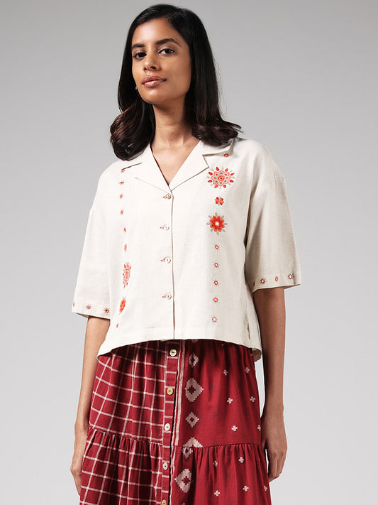 Bombay Paisley Cream Mirror Embroidered Blended Linen Shirt
