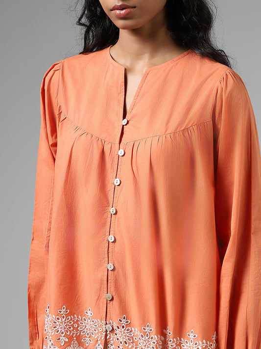Bombay Paisley Orange Schiffli Scalloped-Hem Pleated Top